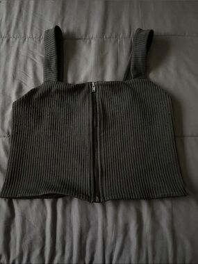 aerie Black Ribbed Zip-Front Crop Tank